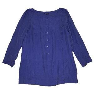 Eileen Fisher Large Blue SILK Boat Neck Button Down Tunic Shirt P98C